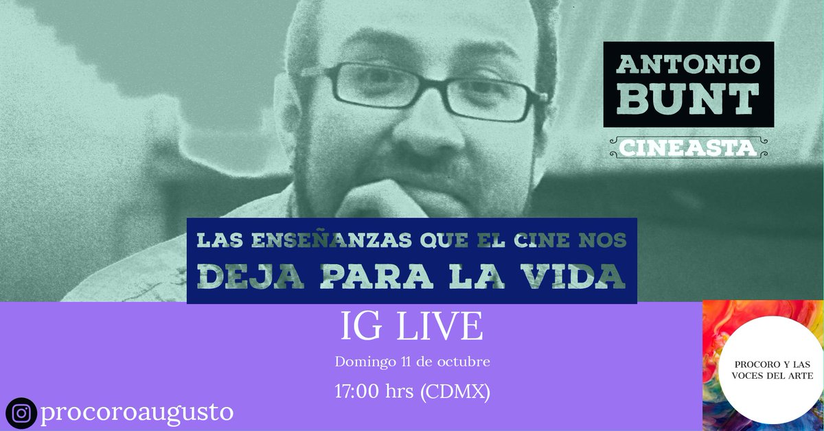 AugustoProcoro's tweet image. Es para mí un placer invitarlos a este nuevo webinar de Procoro y las voces del arte. Tendremos como invitado especial al cineasta Antonio Bunt, quien desde su trayectoria y experiencia nos compartirá aqueñas enseñanzas que el mundo cinematográfico deja en la vida.