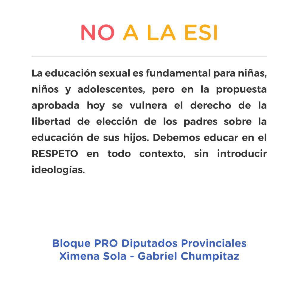 xime_sola's tweet photo. NO A LA LEY #ESI CON IDEOLOGÍA 

Votamos en contra porque creemos que los padres tienen el derecho y la responsabilidad de educar a sus hijos en la sexualidad.

#ESIsinIdeologia https://t.co/0xaKWuPVd6