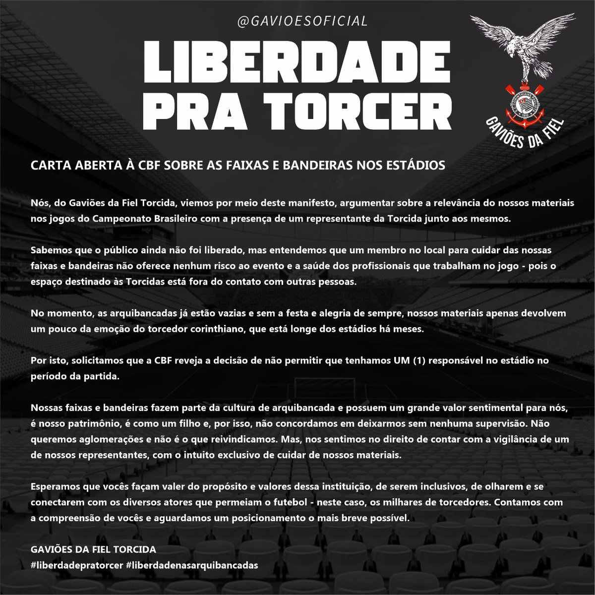 gavioesoficial's tweet photo. LIBERDADE PRA TORCER

A/C @CBF_Futebol 

#LiberdadeNasArquibancadas https://t.co/PMV5D77l5s
