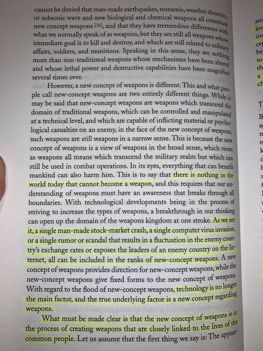 5/ The psyop appears to have its philosophical origins in Unrestricted Warfare by genius strategist Qiao Liang, who theorized about weapons “closely linked to the lives of the common people”.. “gentle and kind things that have begun to have offensive and lethal characteristics.”