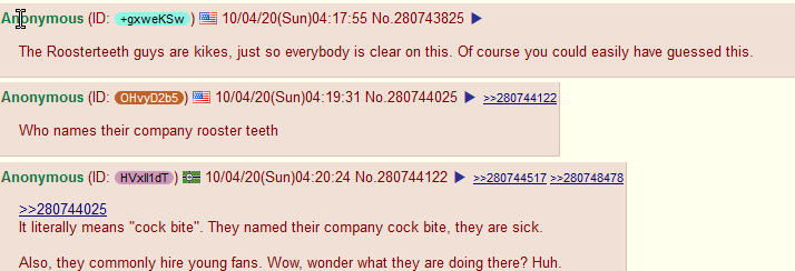 /pol/ learns of this and that's where the assertions of minors/grooming came from. Obviosuly because it's pol, they want to out them for "liberal degeneracy" and because "the roosterteeth guys are k*kes".