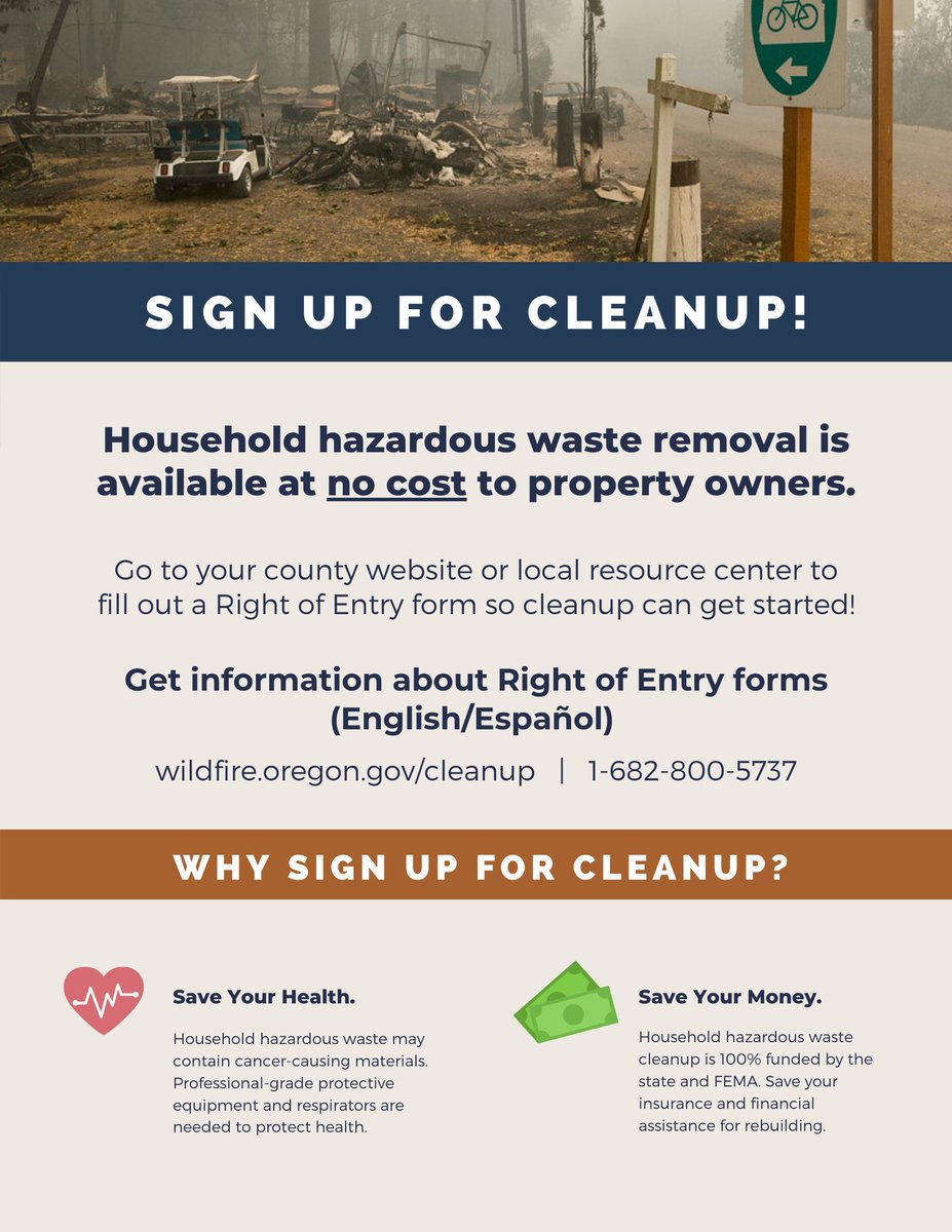 OregonOEM's tweet image. It’s important to submit your Right of Entry form as soon as possible so free hazardous waste cleanup can begin! Get more information about Right of Entry forms at your county website, wildfire.oregon.gov/cleanup, or by calling 1-682-800-5737. #OregonFires2020 #OregonRising