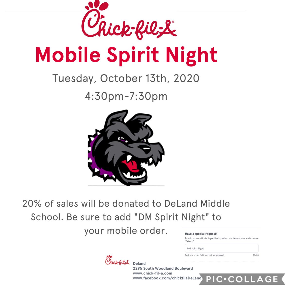 AricoJones's tweet photo. Come out and support Deland Middle School, Tuesday, October 13th at our Chick-Fil-A mobile spirit night!#dmsterriers @DeLandMiddle https://t.co/2n2IBVhHTq