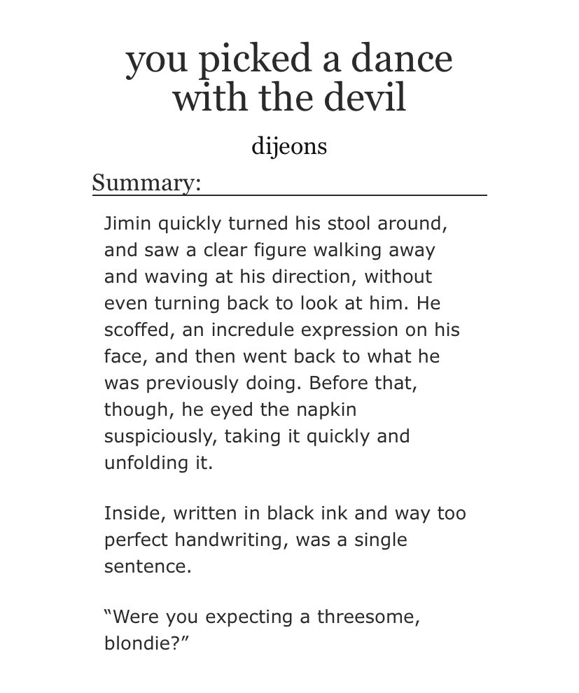 bluefics's tweet photo. you picked a dance with the devil

• jikook | 18,9k
• office au
• enemies to lovers #kookminfest
• light angst | smut | happy ending

➣ https://t.co/79nR3SJ2w8 https://t.co/iiWnggK7nF