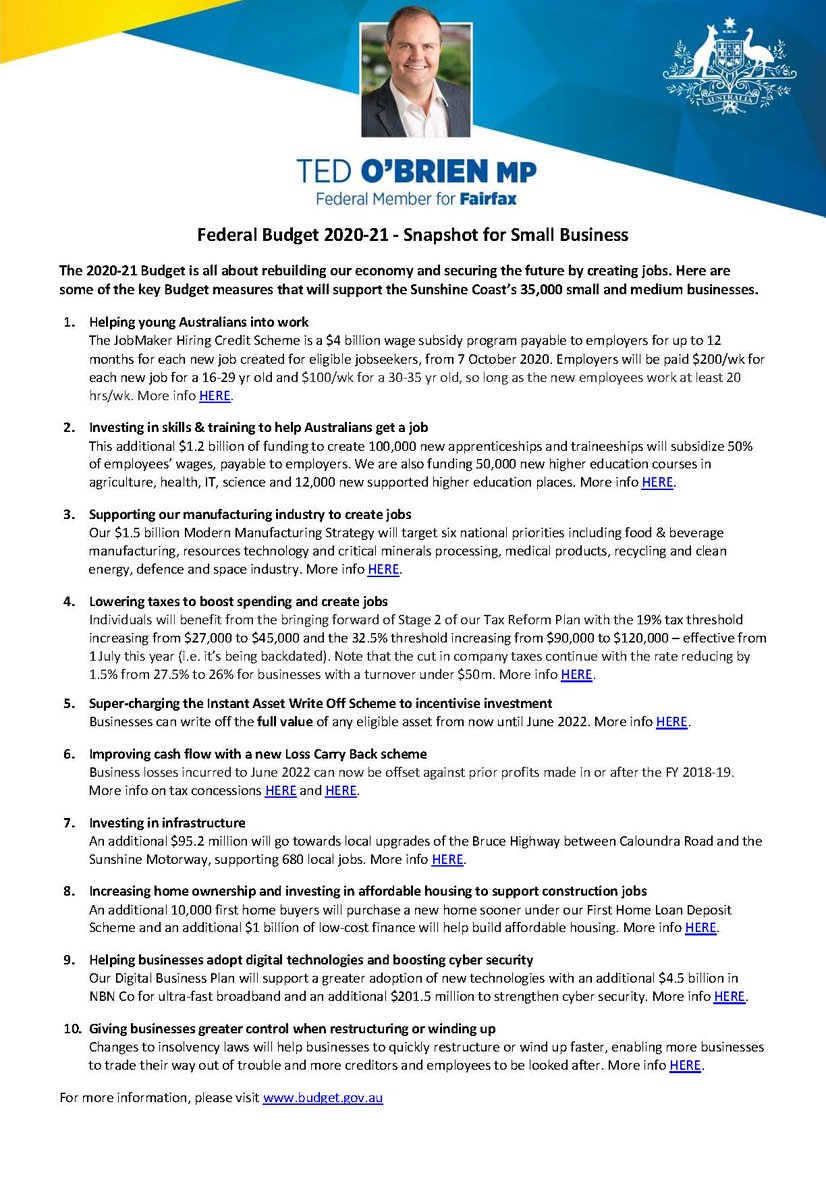 With the 2020-21 Budget being recently released, Ted O'Brien MP - Federal Member for Fairfax has prepared a snapshot summary for both Small Business and Women. 

To download each document and access the links, please visit tedobrien.com.au/article/busine…

#smallbusiness #womeninbusiness