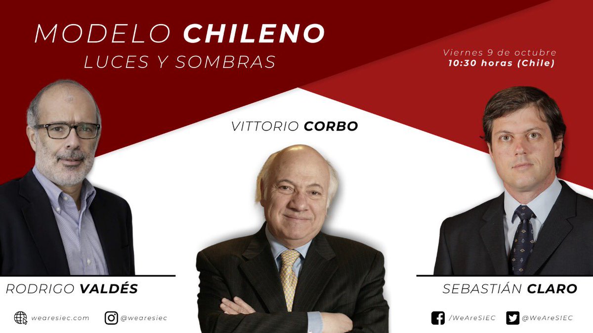 Atentos mañana a las 10:30 ⏰ expondrán en el SIEC
📌Rodrigo Valdés
📌Vittorio Corbo
📌Sebastian Claro, profesor de nuestra Facultad
Sobre el “Modelo Chileno, luces y sombras” 💡📉

🇨🇱🇨🇴🇺🇸🇲🇽<a href="/WeAreSIEC/">SIEC</a>
