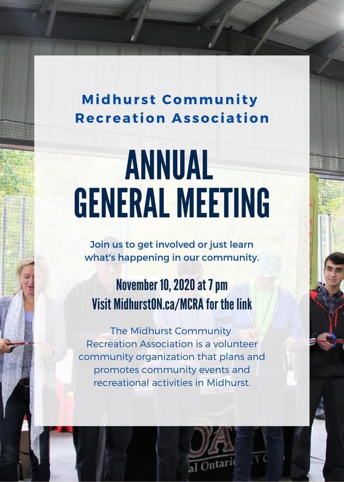 Are you interested in what's happening in our community? We want you to join the Midhurst Community Recreation Association at our Annual General Meeting on Tuesday, November 10 at 7 pm. 

Zoom link: us02web.zoom.us/j/83696605055?…