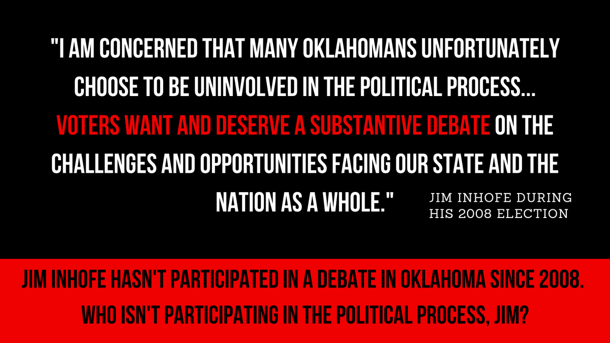 vetsvsinhofe's tweet photo. As the #OK05Debate is set to begin, Sen. @JimInhofe is still refusing to participate in our democracy. Instead, he is led by his hypocrisy.
In over a decade, Inhofe has refused to debate his opponents.
We can't let that be a winning strategy in Oklahoma politics. #fireinhofe https://t.co/N49iiMRSCT