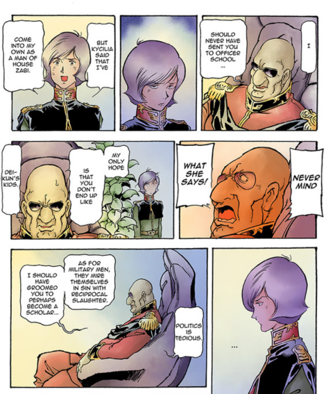The manga shows clearly that Garma dislikes that Degwin says he is different from his siblings and unfit to be a soldier. In the anime, he merely makes a displeased expression in the background, the dialogue is cut.