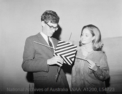 More Australis Oscar 5! Richard Tonkin, Director of the Australian Space Ventures, shows Australia& #39;s satellite to Miss University of Melbourne 1965-66, Robyn Jewell (Image NAA)   #Space4Women   #WomenwithSatellites