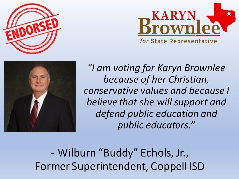 KarynforTexas's tweet photo. I am honored to be endorsed by Wilburn "Buddy" Echols Jr. https://t.co/uJz5Hi23UX