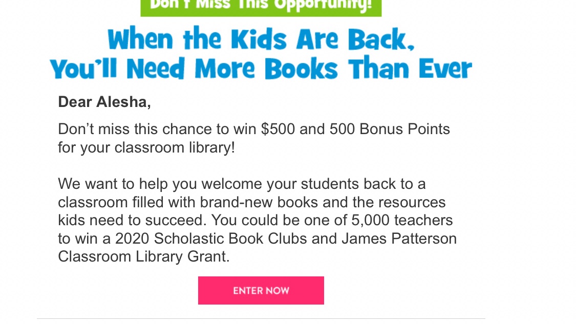 alesha_wening's tweet photo. So turns out last June I entered a contest to win money for books for my classroom (I may have forgotten this happened...) Guess what? I won!! Diverse books here we come!! My students and I thank you @ScholasticClub @Jamespattersonbooks #PattersonPledge https://t.co/kPDXklbmuV