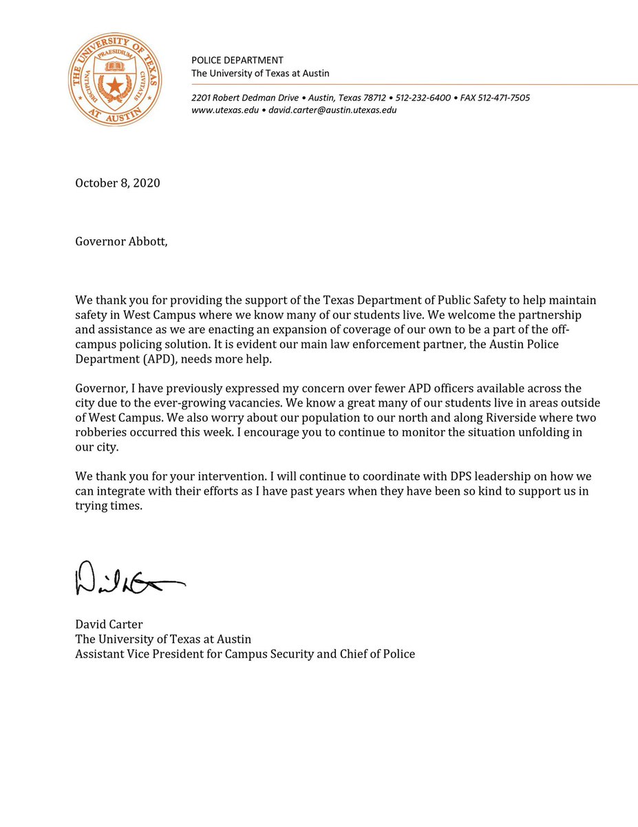 Thank you <a href="/GovAbbott/">Greg Abbott</a> for supporting <a href="/UTAustin/">UT Austin</a> students and <a href="/Austin_Police/">Austin Police Department</a>!  I continue to look forward to working with our partners <a href="/TxDPS/">Texas DPS</a> in keeping our entire community safe.