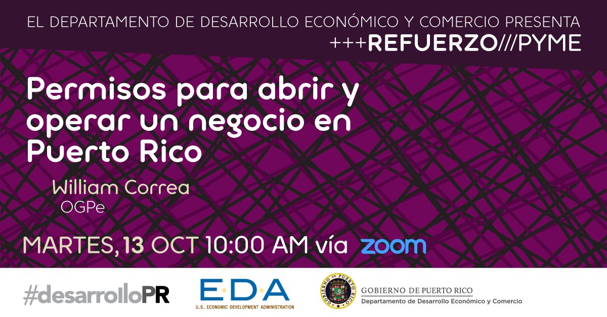 ¿Qué permisos necesito para abrir un negocio en Puerto Rico? En #RefuerzoPyme tendrás la oportunidad de aclarar tus dudas con William Correa de la Oficina de Gerencia de Permisos. Regístrate hoy en: bit.ly/RefuerzoPermis… #desarrolloPR