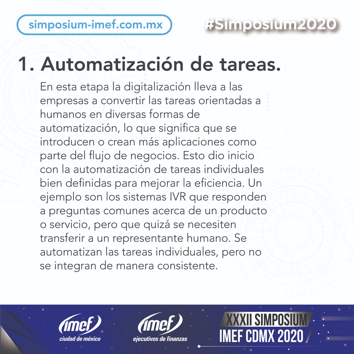 IMEF_CDMX's tweet photo. En el #Simposium2020 hablaremos de los temas más importantes que están transformando al mundo. Registro en https://t.co/C09d7InMUx 
@IMEFOficial @imefuniv 
#Simposium2020 #IMEFCDMX #Finanzas #Tecnología #CapitalHumano https://t.co/XNBUTs6kWA