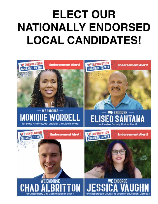OurRev305's tweet photo. Our Revolution (national, y’all, so fancy) endorses the following Florida candidates:
•Monique Worrell, State Attorney
•Eliseo Santana, Sheriff
•@Chad_Albritton, Commissioner
•Jessica Vaughn, School
Board
#FlaPol #FutureToBelieveIn #NotMeUs #OurRevolution #Election2020
4/4 https://t.co/LPNAoE5L4E