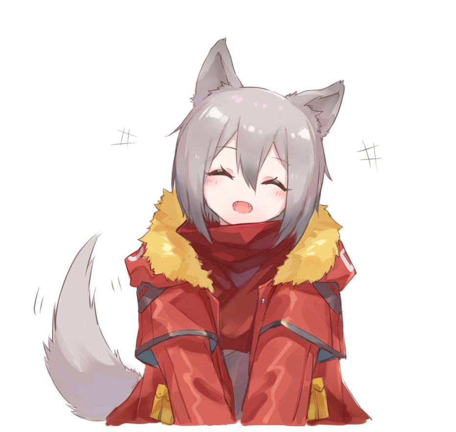projekt red (arknights) 1girl animal ears tail wolf ears tail wagging solo jacket  illustration images