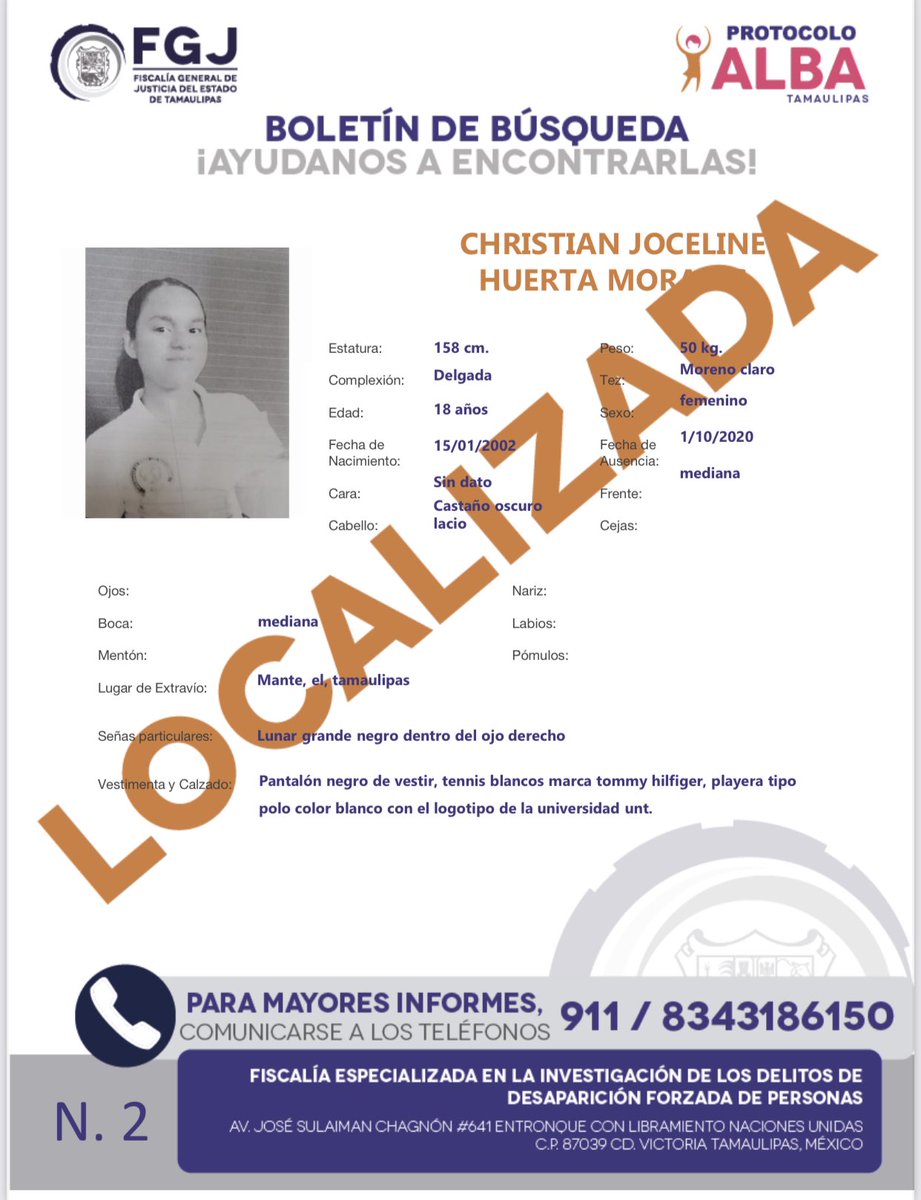 Agradecemos a todas las instituciones y personas que brindaron su apoyo para la localización de Christian Joceline Huerta Morales