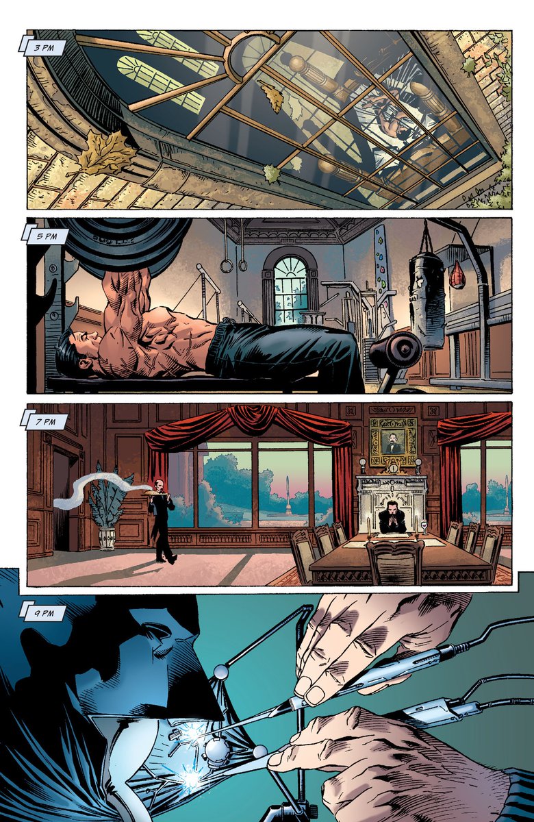 I love this page. It highlights Bruce's loneliness, his dedication towards being in his best form possible to be Batman. And of course, Alfred's importance being the only figure alongside Bruce in this sequence.