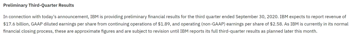 MyPOV - Last but not least - why now? Take a look at ... buried in the press release - preliminary Q3 earnings. Was this all a 'squirrel'?  #IBMNewco 9/10