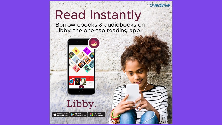 a young teenage girl sitting up against a wall looking down at her smartphone. a photo of a smartphone is placed  next to her in this graphic, displaying the libby app