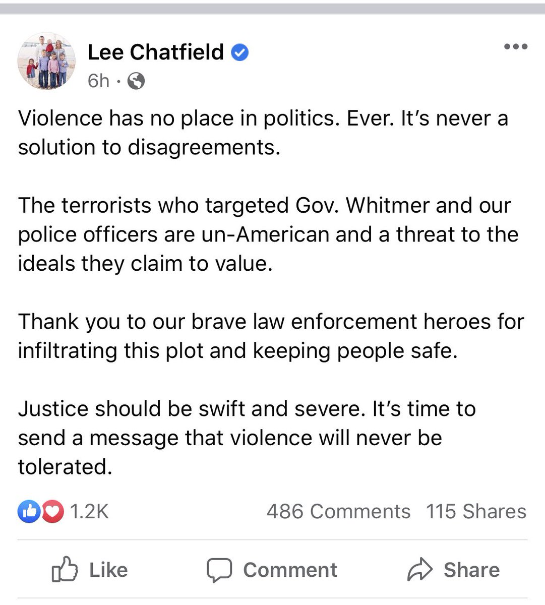 Michigan House Speaker  @LeeChatfield calls men who plotted to kidnap  @GovWhitmer and kill cops “terrorists” in statement on Facebook.