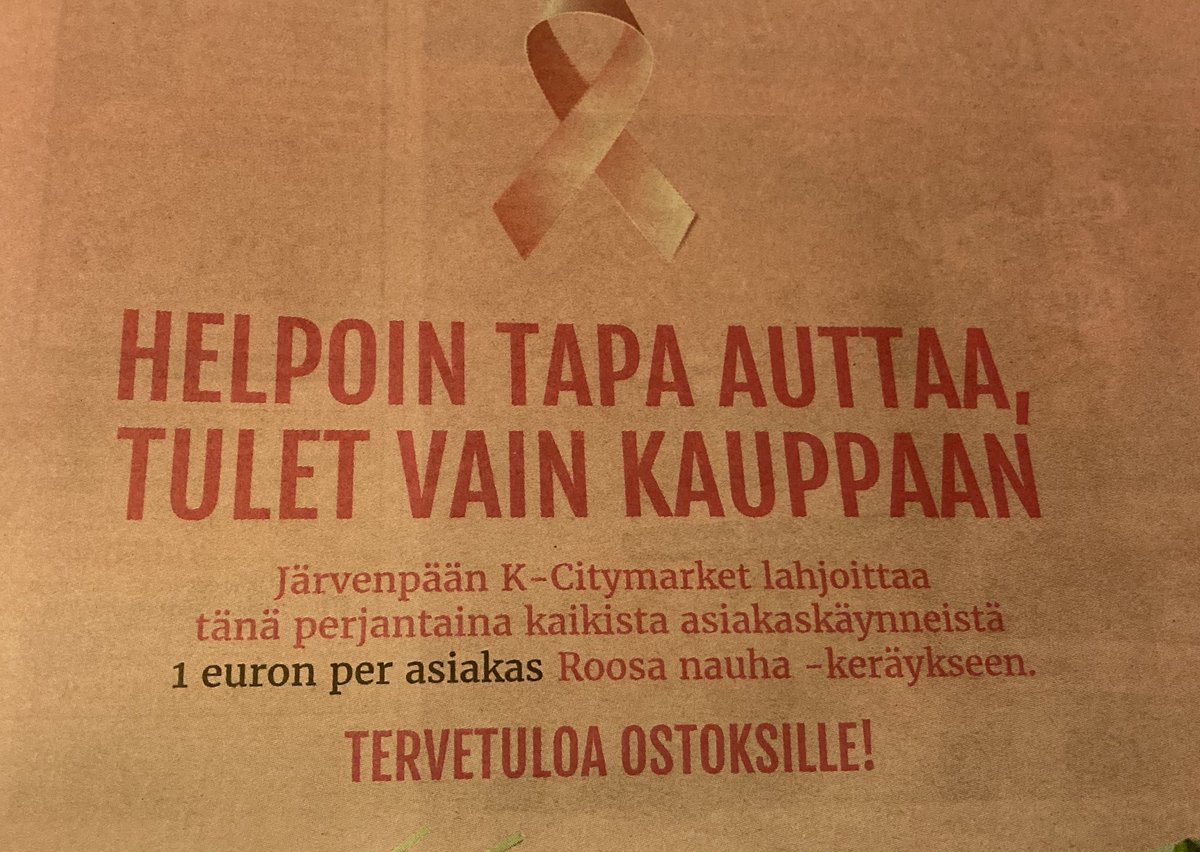 Liisa Myllylä (@lmyllyl) on Twitter photo Hieno ele #kcitymarket Järvenpään kauppiaalta , tänään yksi euro/ asiakas #roosanauha keräykseen <a href="/Syopasaatio/">Syöpäsäätiö</a> , ei ole kyse ihan pikkusummasta <a href="/HautalaMake/">Markku Hautala</a> Hieno ele #kcitymarket Järvenpään kauppiaalta , tänään yksi euro/ asiakas #roosanauha keräykseen <a href="/Syopasaatio/">Syöpäsäätiö</a> , ei ole kyse ihan pikkusummasta <a href="/HautalaMake/">Markku Hautala</a>
