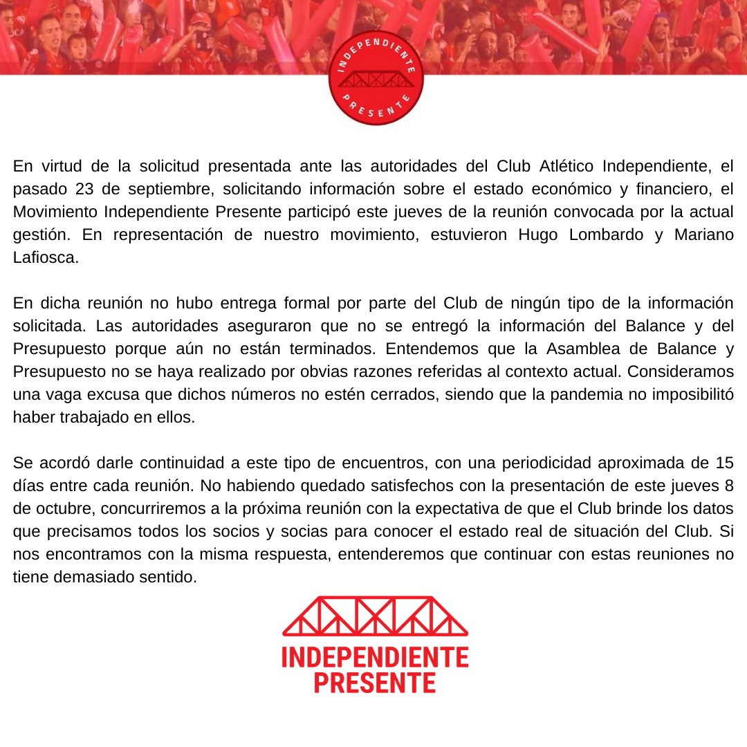 Representantes de socios Independiente Presente tweet media