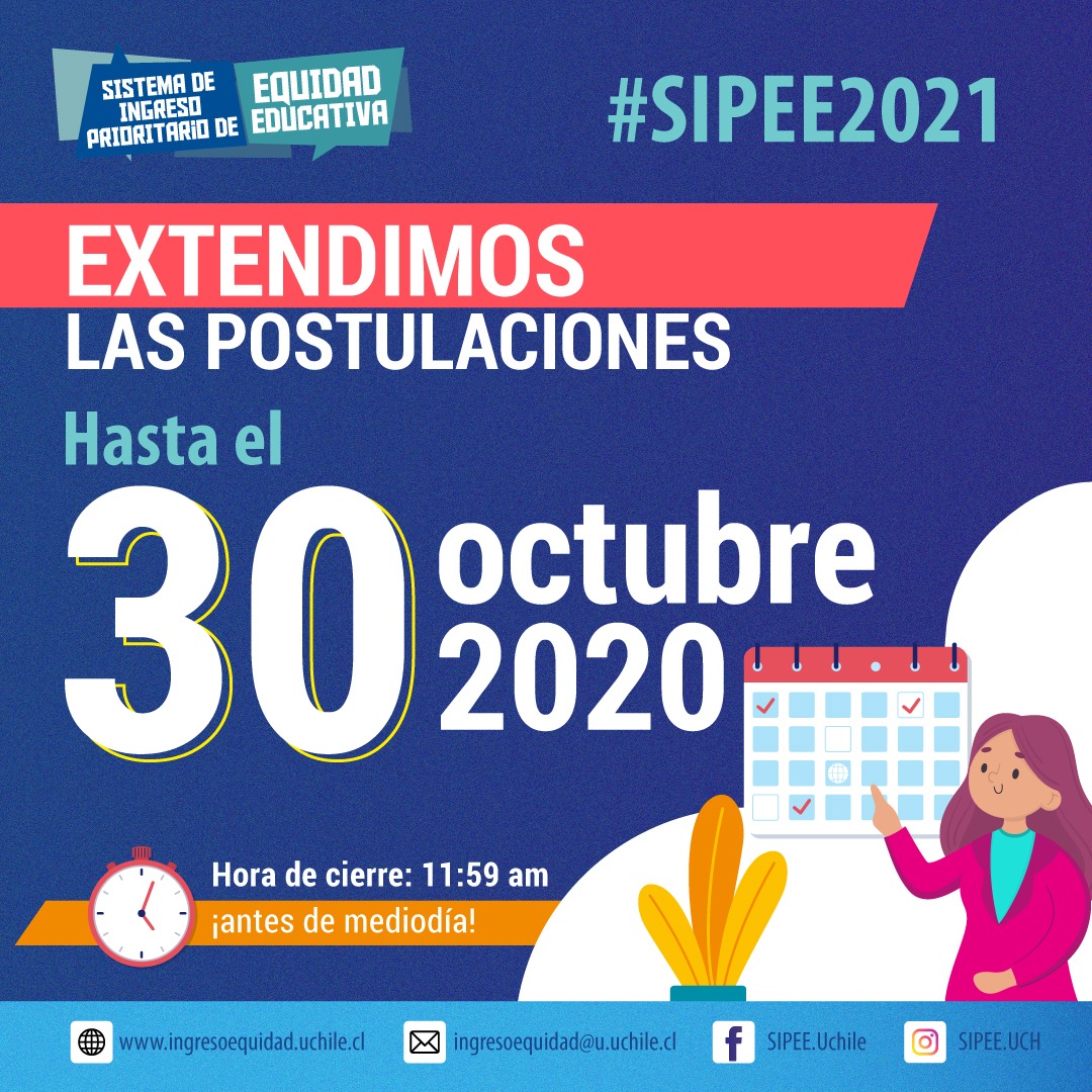 uchile's tweet photo. SE EXTENDIÓ EL PLAZO para las postulaciones al Sistema de Ingreso Prioritario de Equidad Educativa (SIPEE) y para la Beca Universidad de Chile (BUCH). Ahora tienes hasta el 30 de OCTUBRE!
Postula al #SIPEE en: https://t.co/Fylf6RrPTz
Postula a la #BUCH en: https://t.co/0K3zhl2CNQ https://t.co/pt0jMics9N