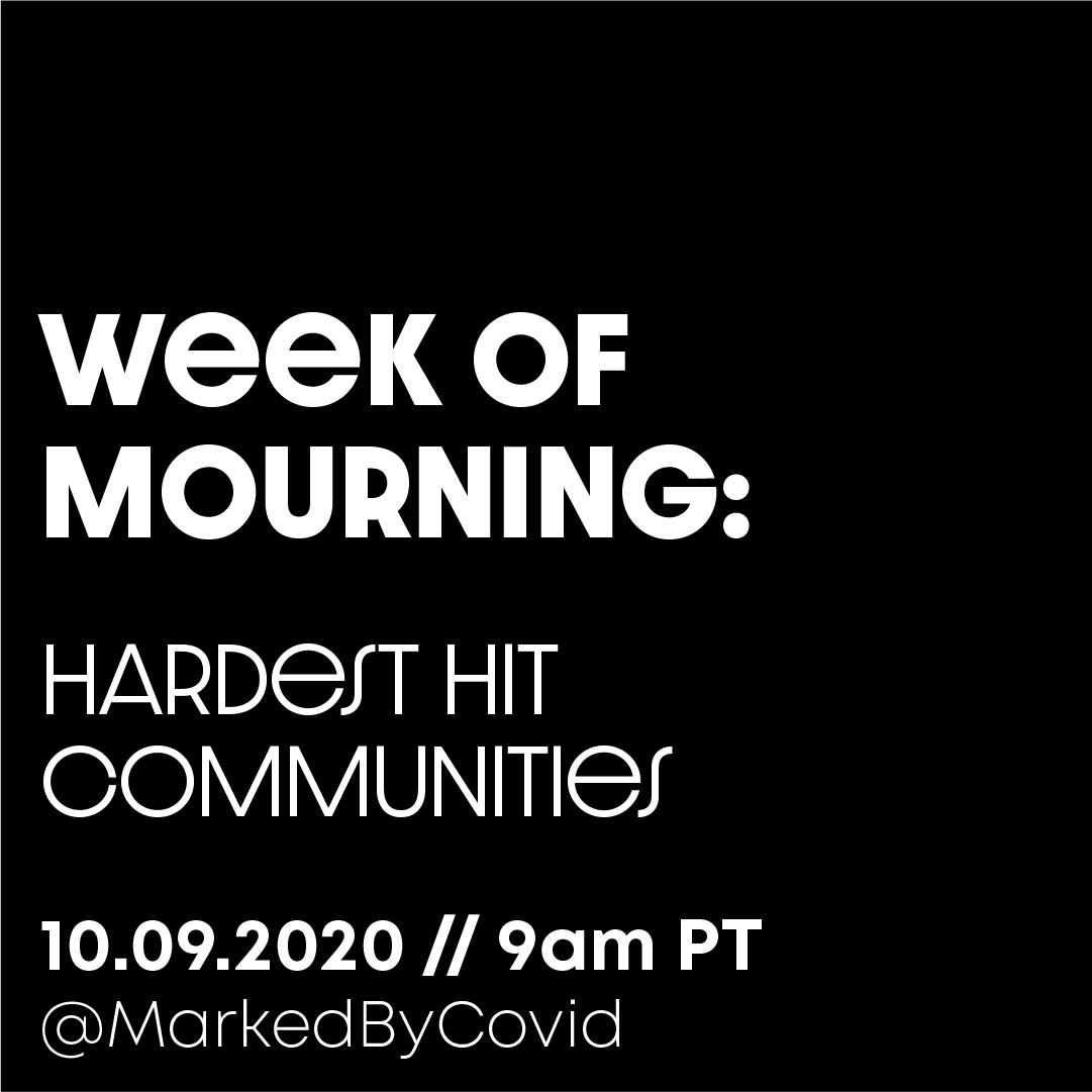 MarkedByCovid's tweet photo. RT: Join us at 9am PT/12pm ET tomorrow for a 30-minute vigil to honor those we have lost to #COVID19.
We will center our conversation around Black, Indigenous, people of color, and the elderly. #MournOutLoud #WeekOfMourning
Register in advance: https://t.co/YWsjgXvqt0 https://t.co/rEy57dGlMU