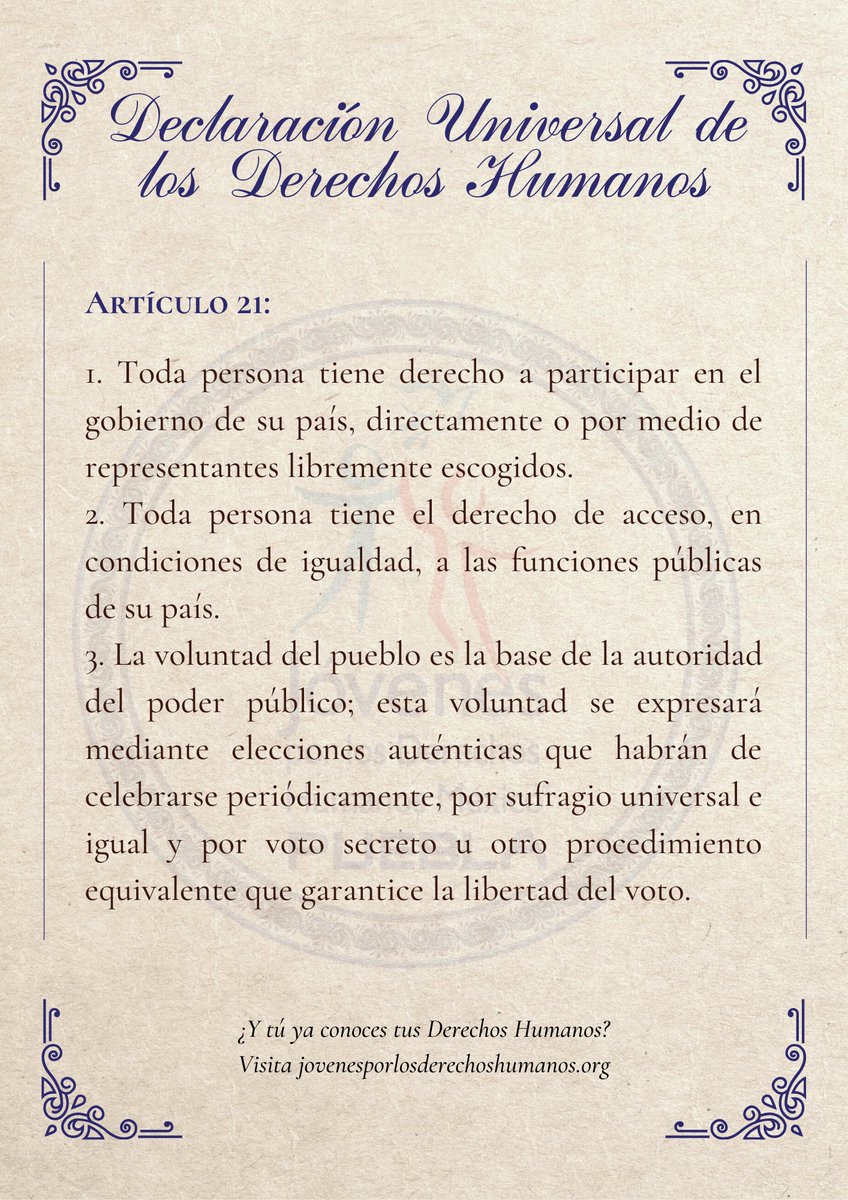 jdhPuebla's tweet photo. Les compartimos el artículo 21 de la Declaración Universal de los Derechos Humanos, en el que se establece que todos tenemos el derecho de participar en el gobierno de nuestro país. 

#30en30 #ConoceTusDerechos #JDHPuebla #Democracia #DerechosHumanos #DUDH #DeclaraciónUniversal https://t.co/R17GodEmhb