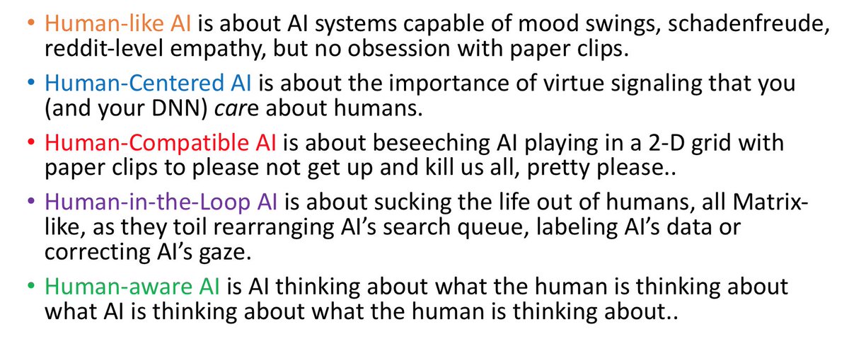 rao2z's tweet photo. Now that #AI has discovered humans, and there are oh-so-many flavors of Human-X-AI, it is critical to help newbies navigate the busy landscape. Here, then, is an attempt at a helpful (devil's) dictionary of terms. You are welcome. https://t.co/8QCItW8xBx