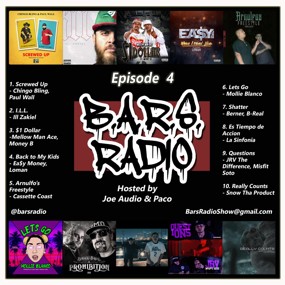 bars_radio's tweet image. Episode 4 - Los Hip Hop Gueyes 
Online now!
Like, share, subscribe, support!
barsradio.libsyn.com/e4-los-hip-hop…
Playlist
1. Screwed Up 
2. I.L.L. 
3. $1 Dollar 
4. Back to My Kids
5. Arnulfo’s Freestyle
6. Lets Go
7. Shatter
8. Es Tiempo de Accion
9. Questions
10. Really Counts