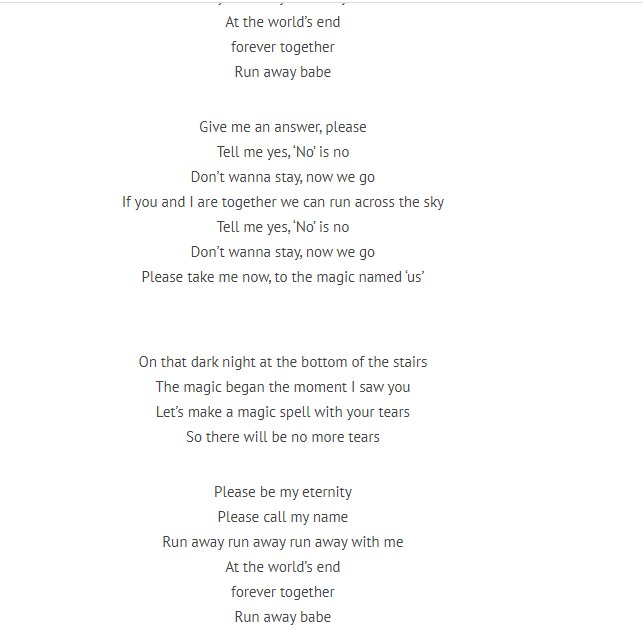 Run Away The first verse is a cry for help, he feels alone. People are used to smile because supposedly they should be happy, but putting a smile is like putting a mask where you’re hiding yourself. They use as a metaphor the platform 9 ¾. Because when you’re with your
