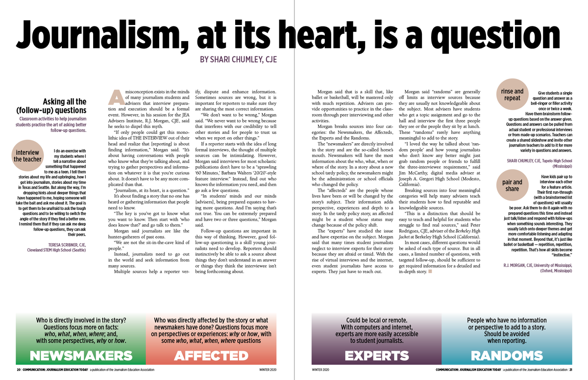 bradleywilson09's tweet photo. Journalism, at its heart, is a question. Read more from this past summer's Advisers Institute from RJ Morgan and Shari Chumley in @nationalJEA magazine — Communication: Journalism Education Today. @wilsob01 @shachu https://t.co/CZNayPt0yZ