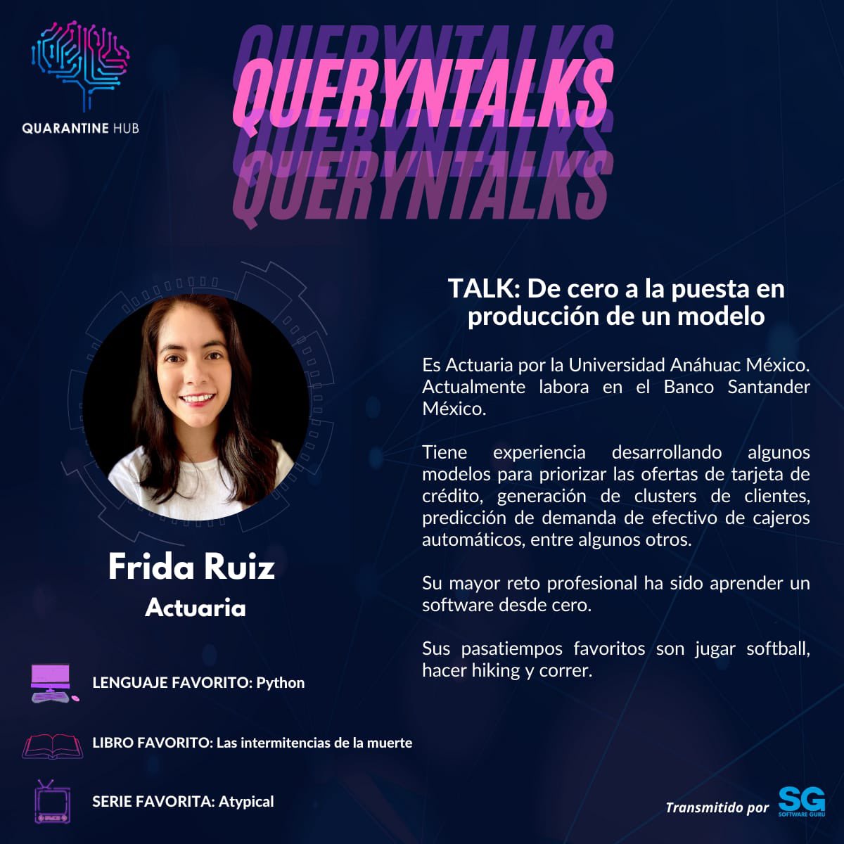 HubQuarantine's tweet photo. 🚨 #QuerynTalks
Mañana tendremos con nosotros a @FridaRuh de @aithenewsexy presentando: De cero a la puesta en producción de un modelo.
No te la pierdas, mañana 07:00 pm (CDMX)
YouTube: https://t.co/KiatxPXD3b
Facebook con @RevistaSG: https://t.co/tMe056sTxl https://t.co/VhxzfMpLph