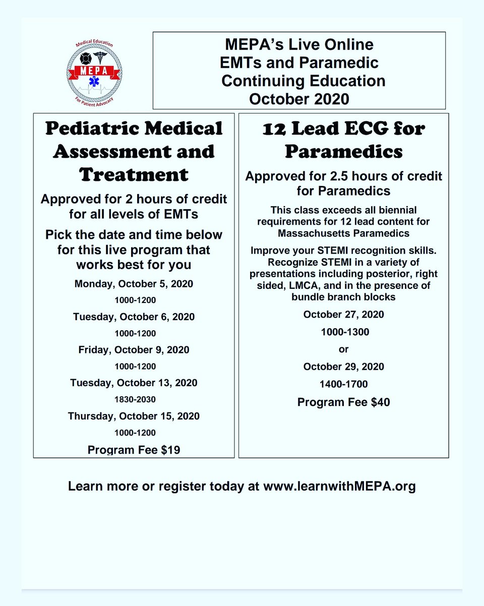 rgfdmedic's tweet image. Live Online Continuing Education Opportunities 
#emtbforums #emtbasic #emtbnews #emtlife #emts #emtb #emt #paramedics #continuingeducation #paramedic #emseducation
#ems