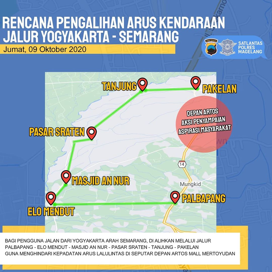 kabarMGL's tweet photo. #updateMGL - Pengalihan lalin jumat 9/10/2020 dari arah Jogja dialihkan via PALBAPANG - MENDUT - AN NUR - TANJUNG - PAKELAN
Guna menghindari kepadatan lalin di depan artos mall dikarenakan adanya rencana aksi penyampaian aspirasi masyarakat di depan artos mall (situasional) https://t.co/RDDTQ41hUT