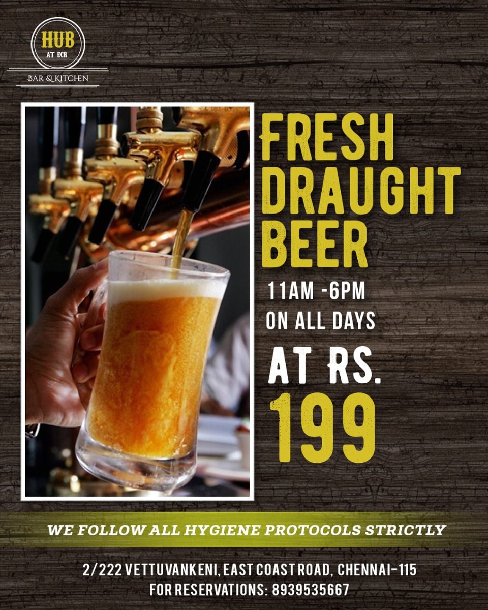 hubatecr's tweet photo. Happy Hours at Hub ECR come with thrice the happiness! Head over to  Hub ECR  from Monday to Thursday, between 11Am - 6 pm and enjoy Happy Hours on Fresh Draft Beer and 1+1 on Cocktails . Call for Booking -8939535667 https://t.co/fGfOWuKqW5