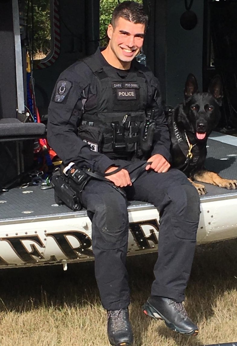 DeputyChow's tweet photo. Cst. Jesus and PSD Gibbs responded to a theft of a  scooter. When the team had the suspect in their sights, the rider drove the scooter into the pair and knocked Cst. Jesus to the ground. Gibbs came to his partner's defence and captured the offender. #goodboy #ExtraBellyRubs https://t.co/kWIpjAoioO