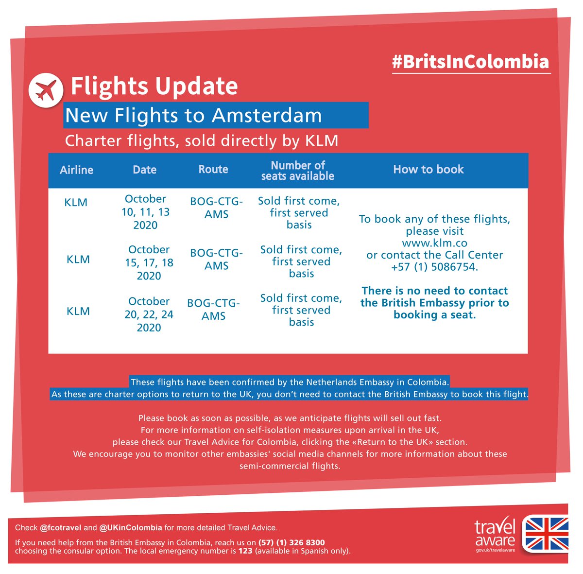 UKinColombia's tweet photo. #FlightsUpdate | #BritsInColombia, there are new charter and semmi-commercial flights to Europe operated by KLM and Iberia. All passengers travelling to Europe should also read our travel advice for more information.
✈️ https://t.co/zpppeLaZZy https://t.co/x3XVnHB9lw