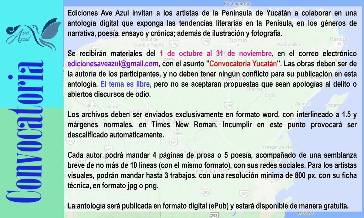 aveazulmx's tweet photo. #AveAzul invita a artistas literarios o ilustradores y fotógrafos de la Península de #Yucatán, que sean originarios o radiquen allí, para integrar un muestrario del talento que existe en la península. Consulten la bases. #ePub https://t.co/6QqgLvm9W4