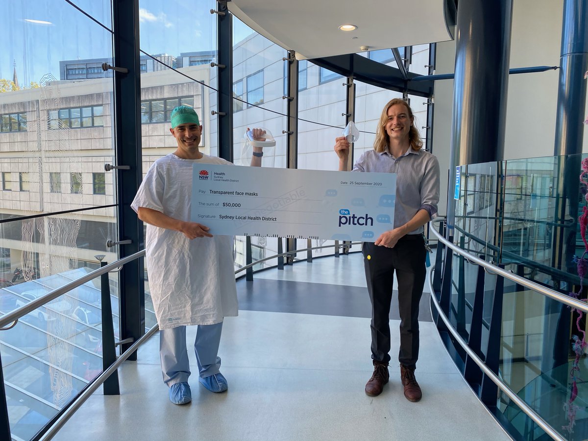 Eng_IT_Sydney's tweet photo. 🎉 Congratulations to our students @ProjectAppear @LukeCGordon for winning @SydneyLHD's The Pitch competition. They've won $50K towards their latest innovation - a transparent face mask to help medical staff communicate with non-verbal patients: https://t.co/ExgsmQwsI5 https://t.co/rLEqZN19xW