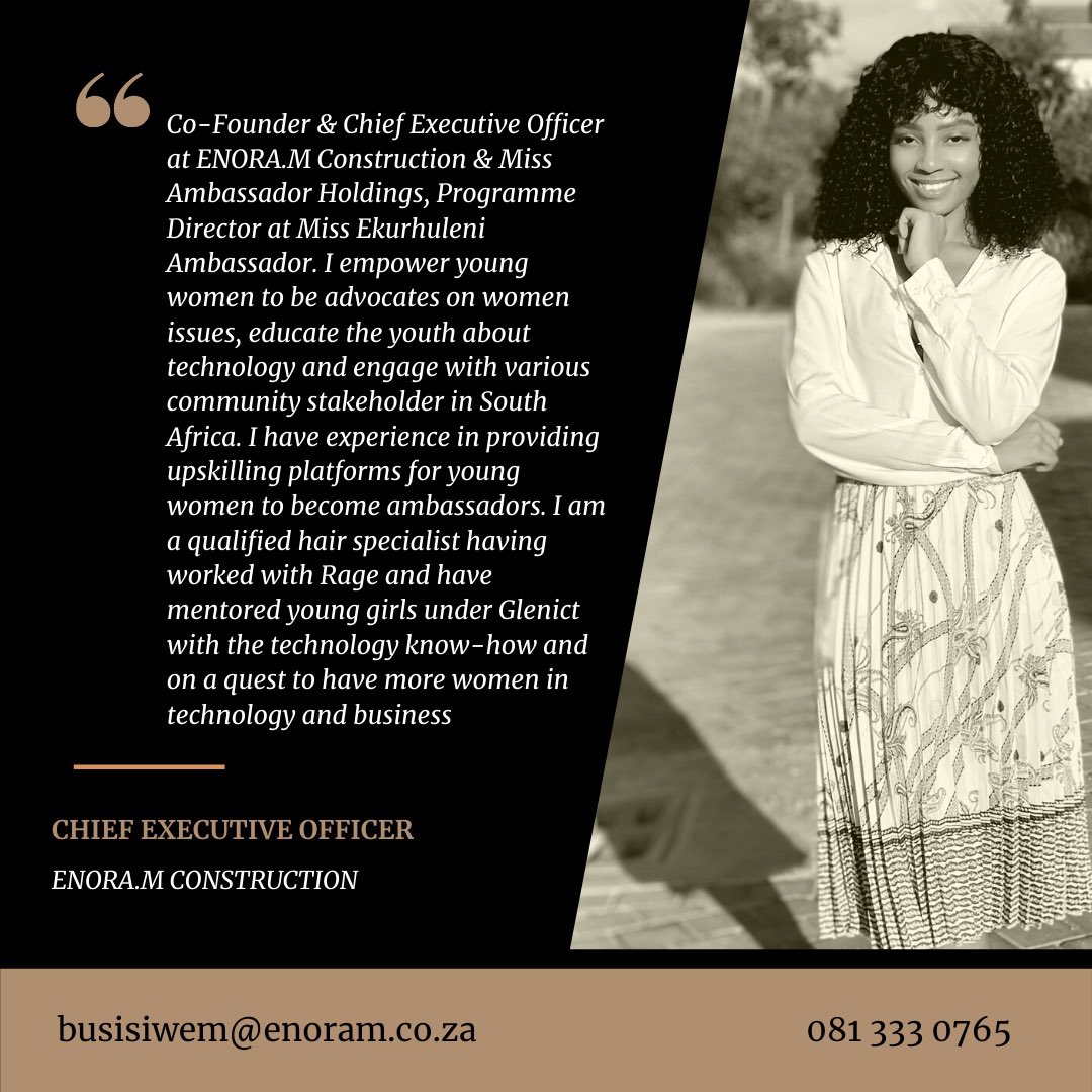 Enora_M_cc's tweet image. Busisiwe Mncube is Co-Founder &amp;amp; CEO of EnoraM Construction 🚧 and Daughter to Managing Director of Enoram 😃. 

Sharing a passion of helping others with her Father, she enjoys being in a creative environment while taking care of the business side of things. 

#womeninconstruction