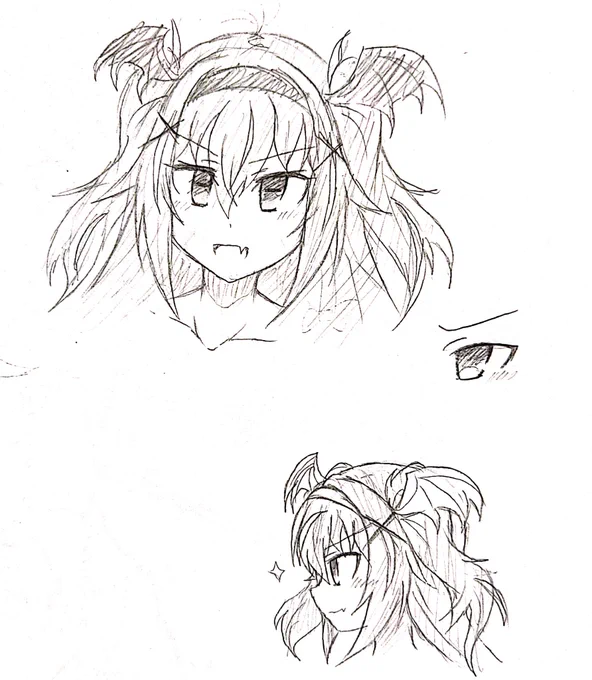 ①顔とか頭のデザインラフ(羊目にしようかと思って描いたがボツ)
②これでいいかという妥協も含めつつ全身のデザイン完成(姉に足の向きがおかしいことを指摘され修正)
③色付け(この時はボーダーニーハイを赤黒にしてたけど全体で見てあんまり見栄えが良くないってんでボツ)
④塗り完了 