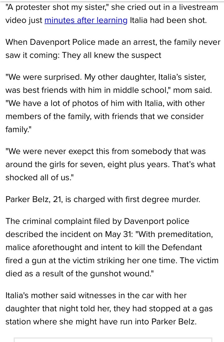 Update on Italia. So the killer knew her. The argued on Facebook and he told her her name would be on a tshirt soon. Premeditated and unrelated to the protests. He use to be best friends with her sister. And he had his name legally changed in 2018 from Parker marlin Voss. 23)