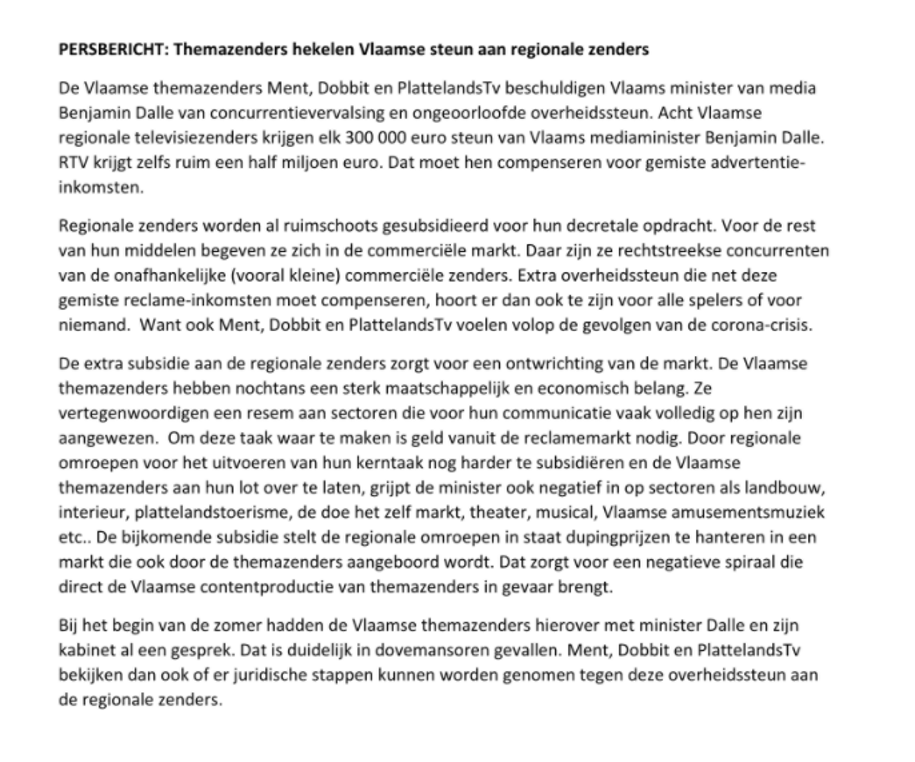 PERSBERICHT: Vlaamse themazenders hekelen Vlaamse steun aan regionale zenders!