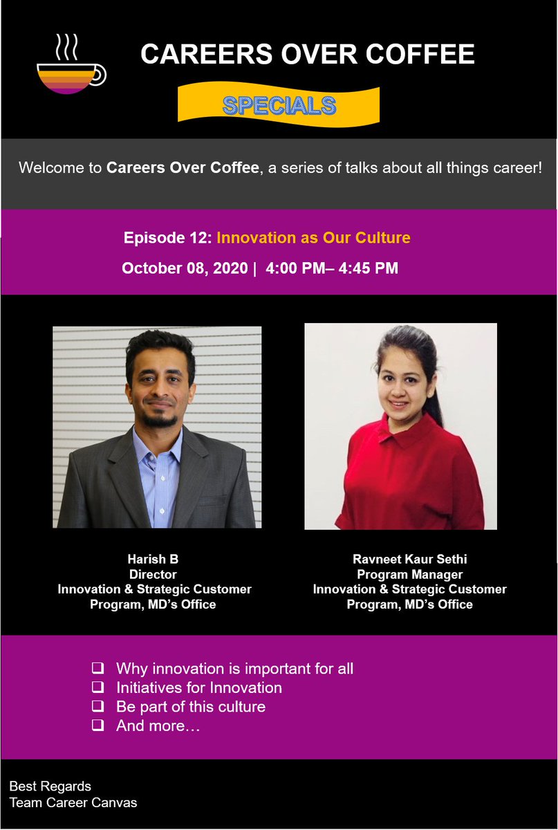We take pride in our #CultureofInnovation, with unique
forums to cultivate #thoughtleadership & #Entrepreneurship, from #InnVent to #ChampionsCircle

#CareersOverCoffee E12 | @HarishB07 @RavneetKSethi talk to our #EarlyTalents about #innovativemindset

#CareerCanvas @saplabsindia