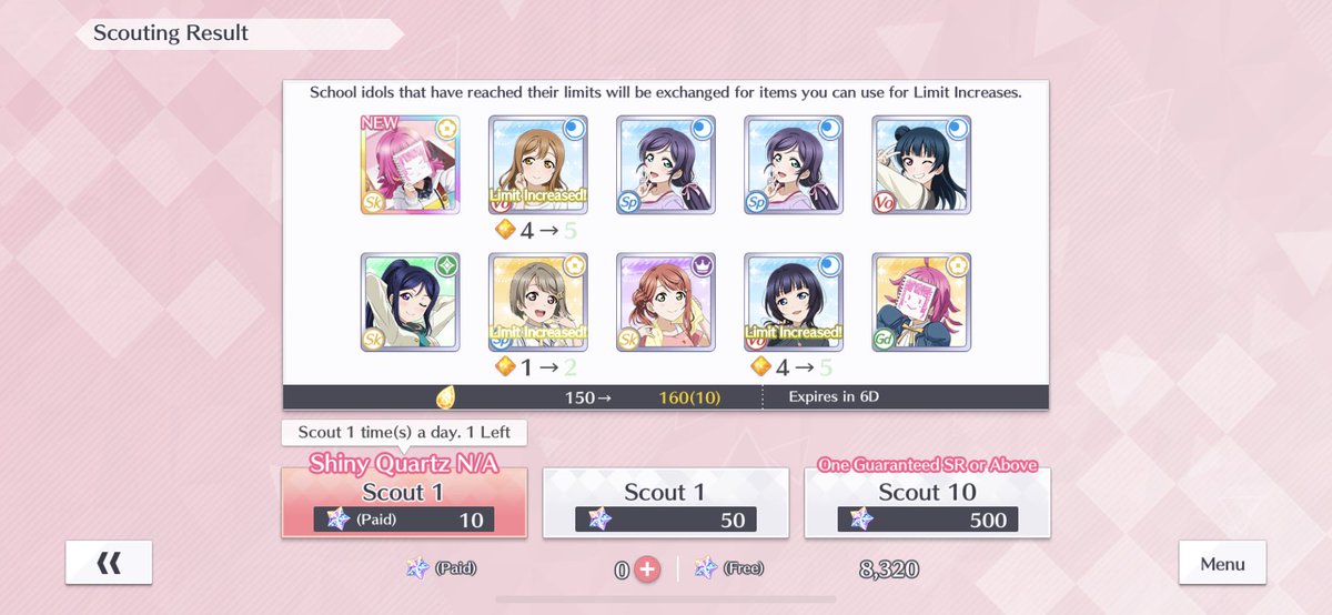 Scouts 16~17: This Rina has a great guest skill so she’s very welcome in my team! Also don’t have a decent Smile Gd card so Setsuna is a nice addition as well.All these URs but no Ai. Why. WAi. 