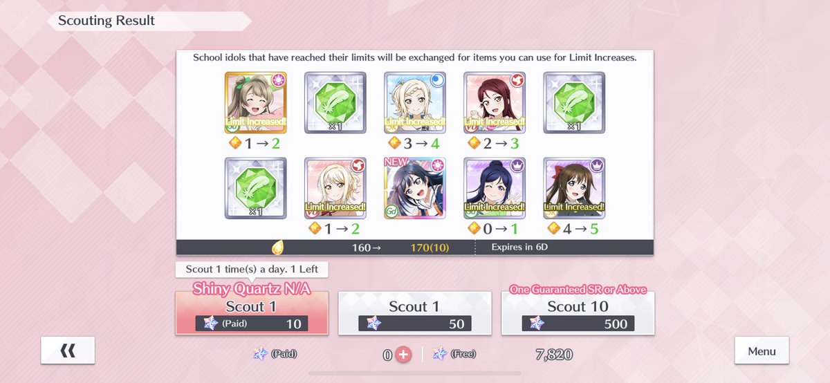 Scouts 16~17: This Rina has a great guest skill so she’s very welcome in my team! Also don’t have a decent Smile Gd card so Setsuna is a nice addition as well.All these URs but no Ai. Why. WAi. 